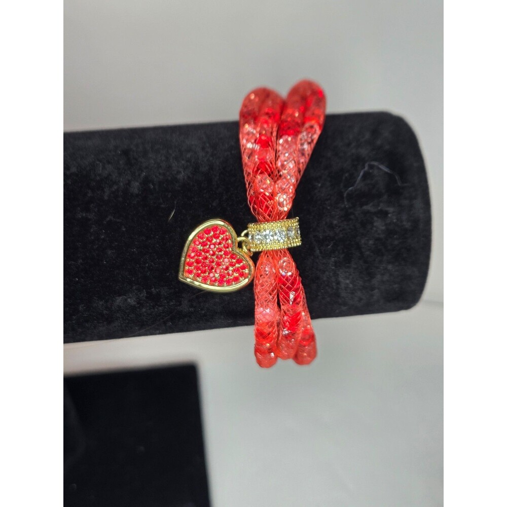 Red Mesh Bracelet with Red Rhinestone Heart Charm Gold Tone Clasp